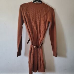 Brown Cable Knit Mini Dress High Neck Long Sleeve Size Small
